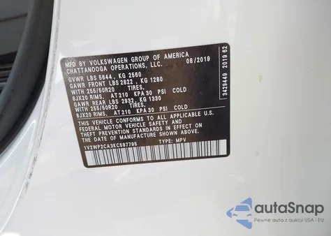 2019 Volkswagen Atlas 2.0T Se W/Technology из США, поврежденный, VIN 1V2WP2CA3KC597795